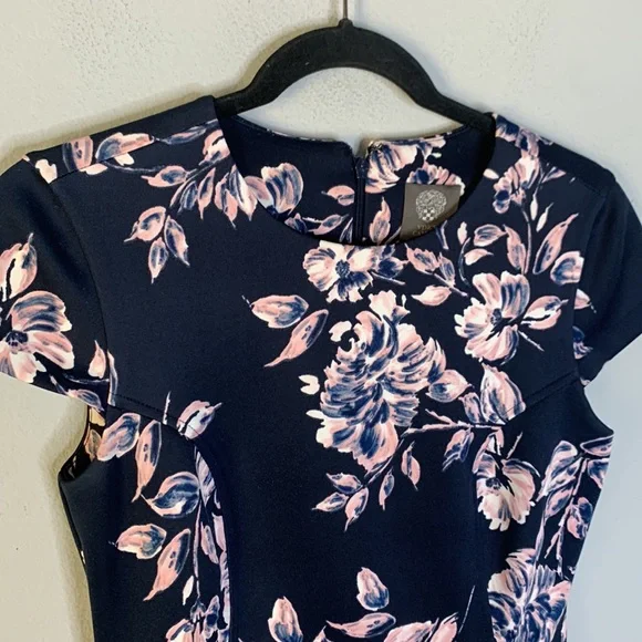 Vince Camuto navy blue pink floral scuba fit flare dress 2 - Picture 2 of 7